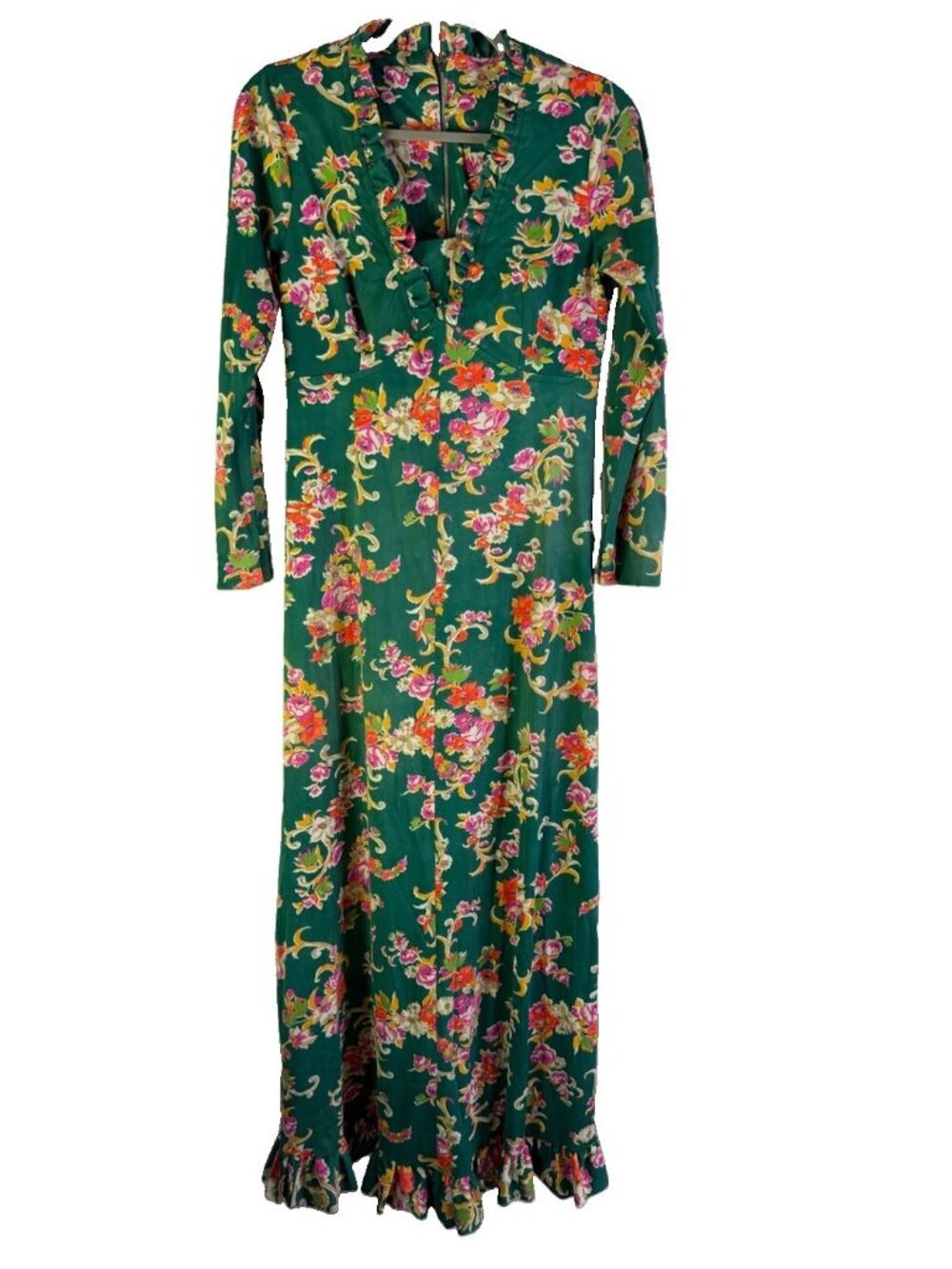Vintage 70s Maxi Hostess Dress Rainbow Floral Flowers Ruffled USA